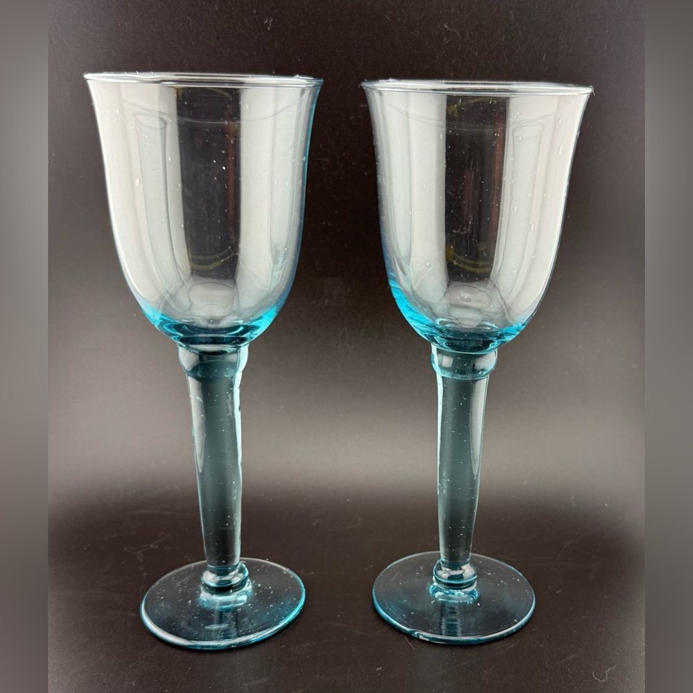 2 aqua blue, blown glass wine glasses. 12oz
